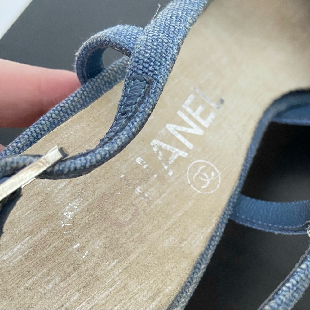 CHANEL Denim Camellia CC Logo Sandals Heels Open Toe Slingback 37.5 - Picture 9 of 16